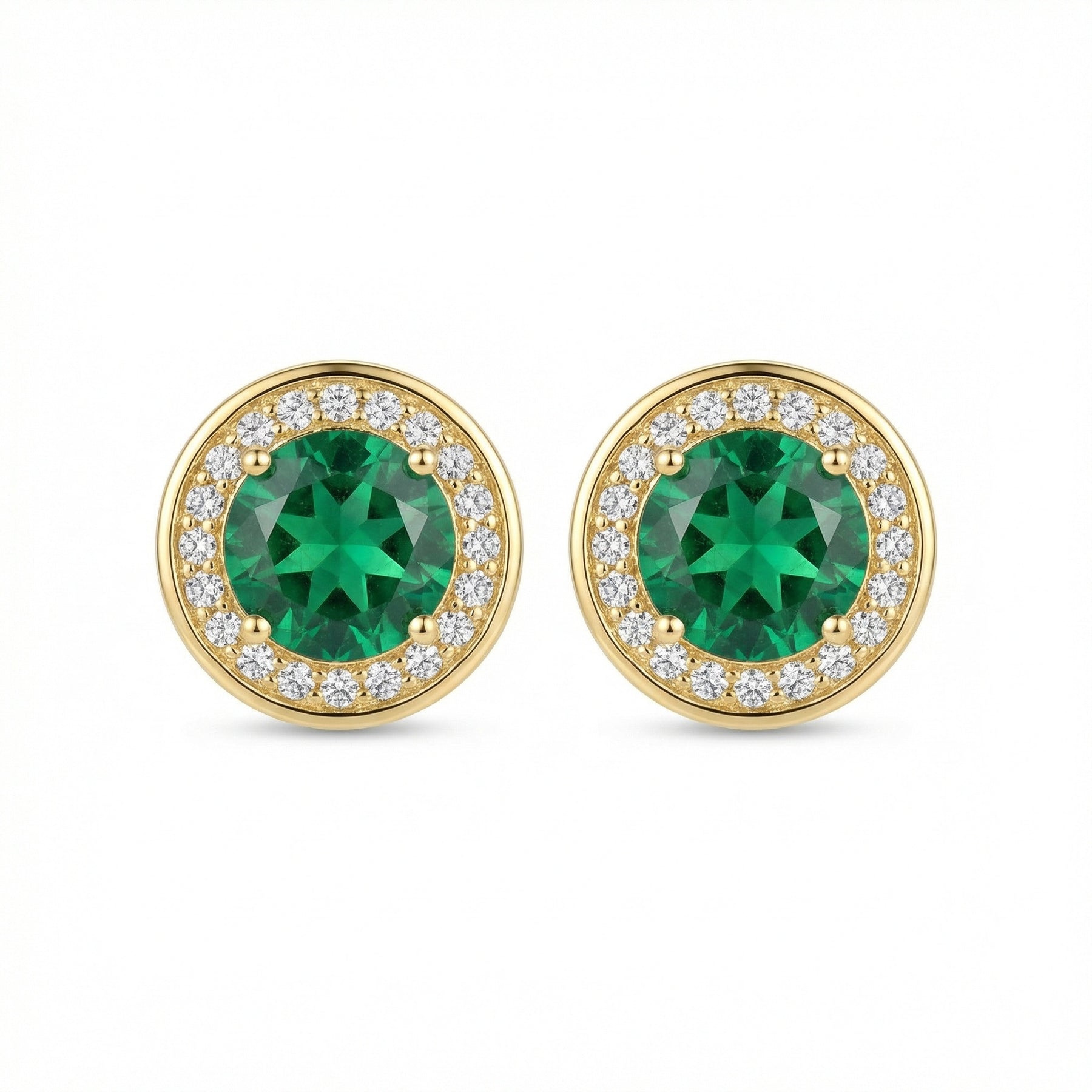 Round Emerald Halo Stud Earrings – emerald earrings, close-up