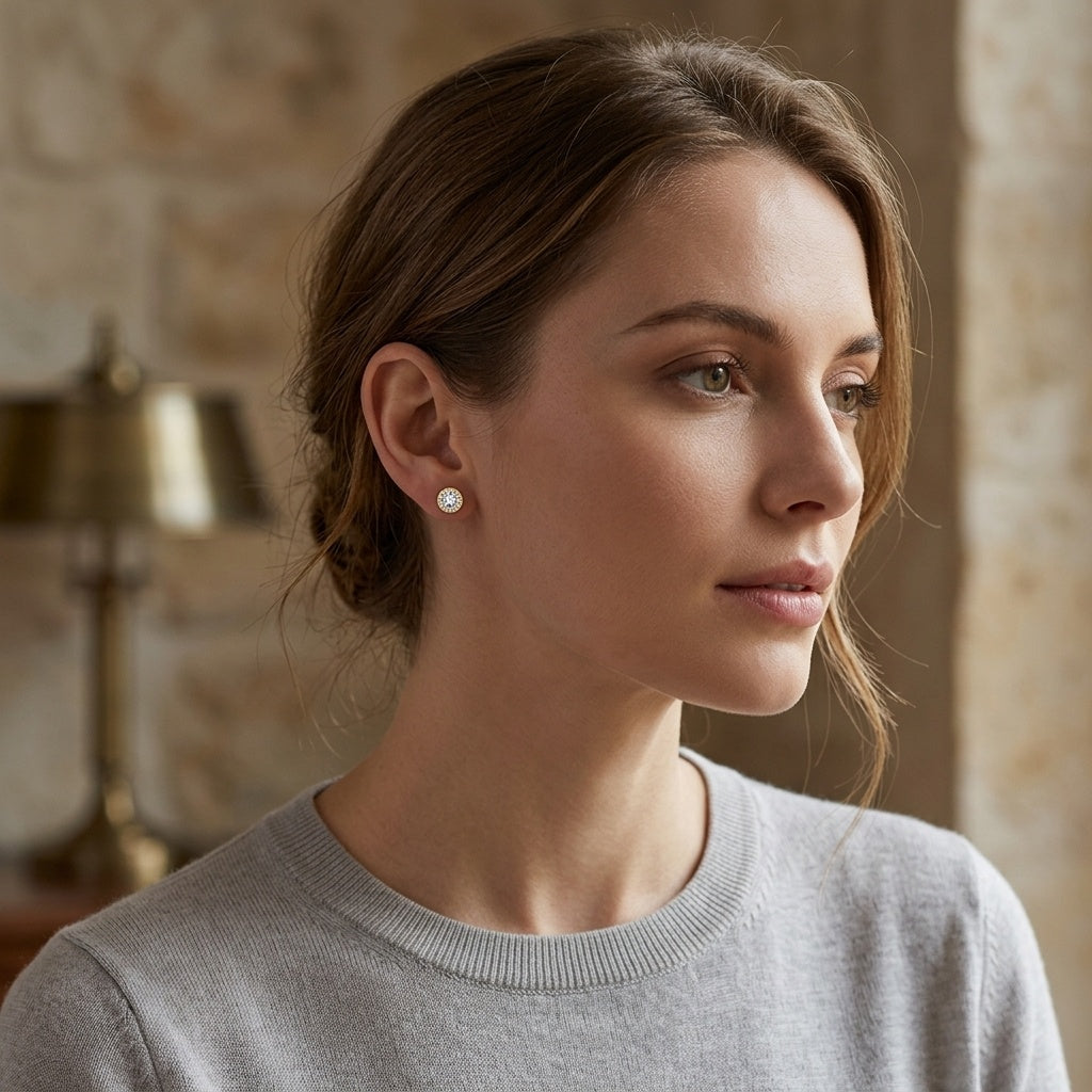 Gold Halo Stud Earrings, Butterfly Backs – sterling silver earrings, side detail