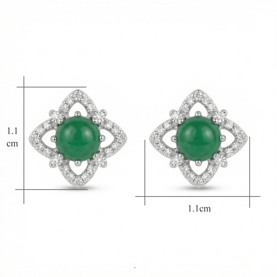 Green Cabochon Floral Halo Studs – sterling silver earrings, front view