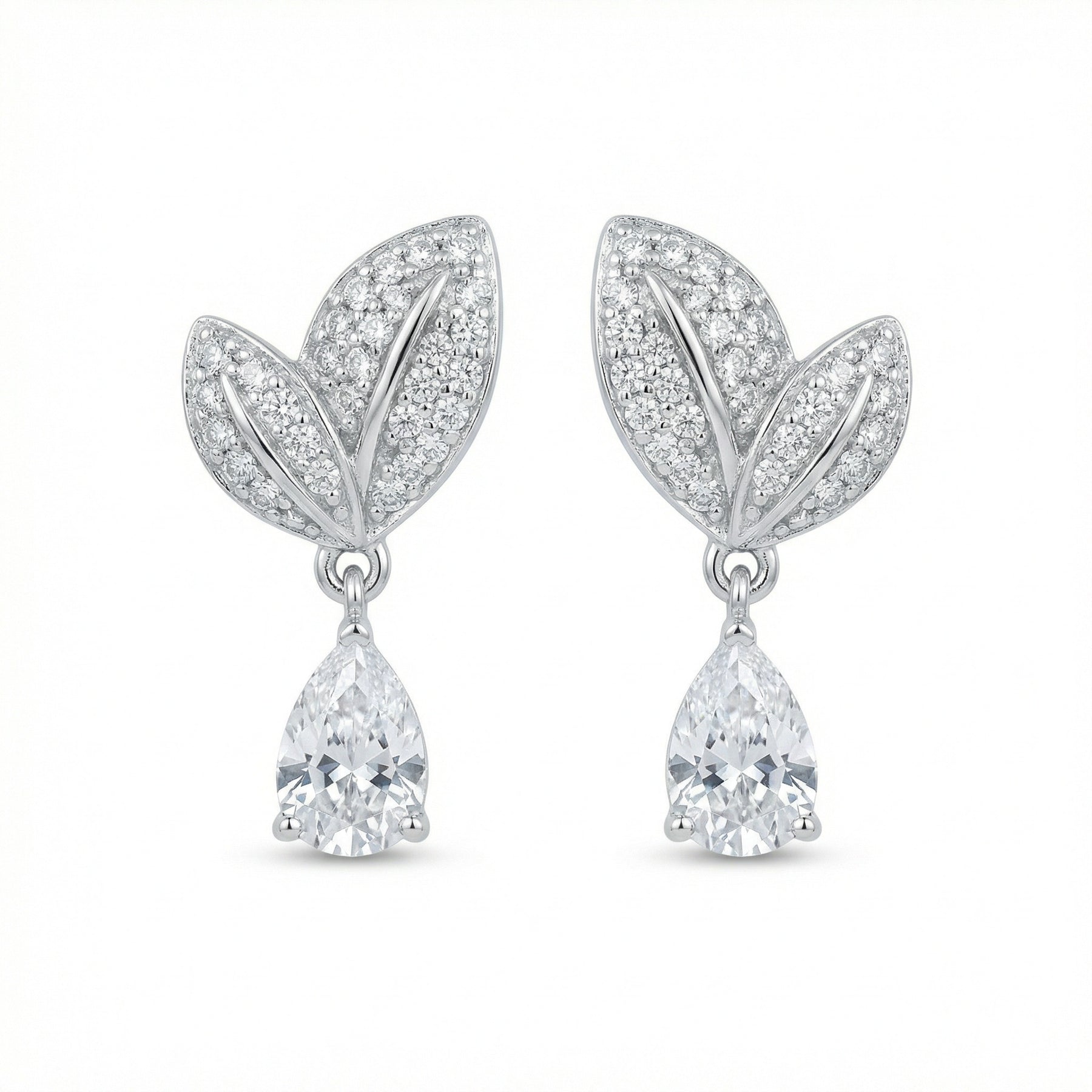 Pear-Cut Diamond Leaf Drop Earrings – sterling silver earrings, front view