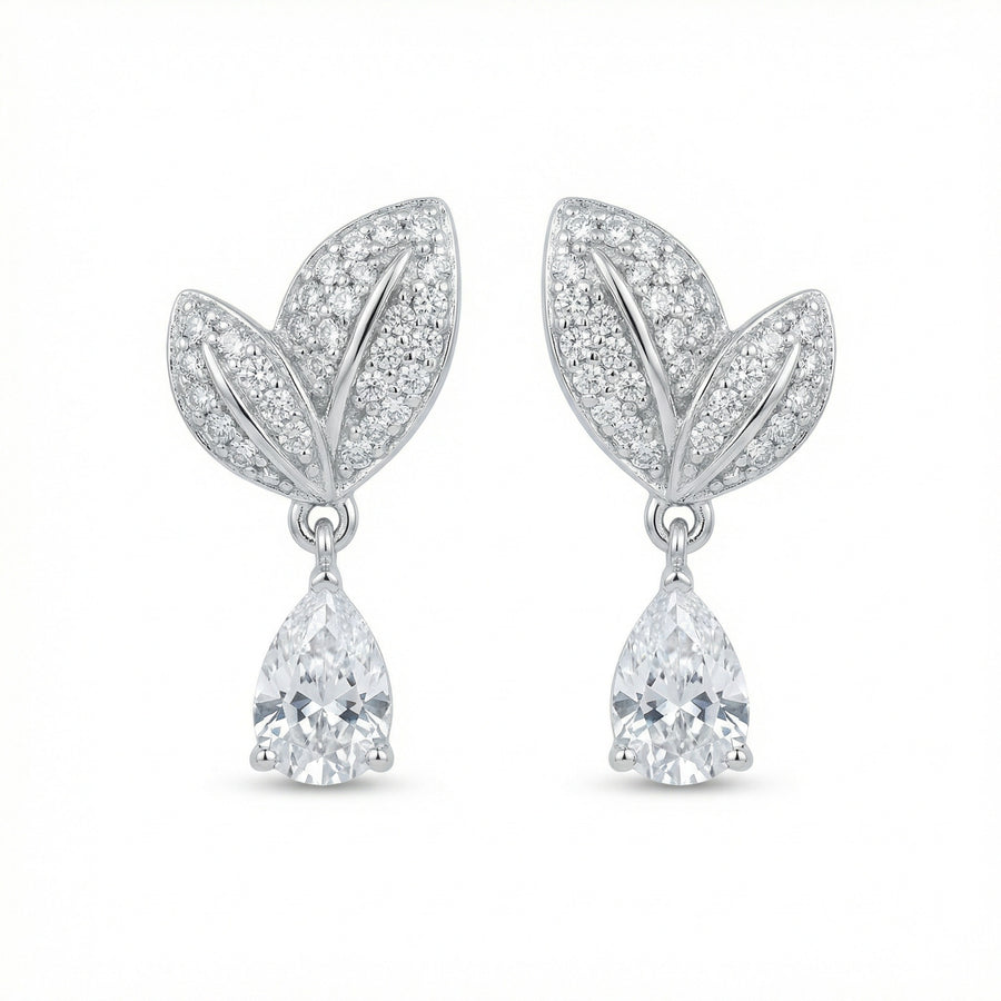 Pear-Cut Diamond Leaf Drop Earrings – sterling silver earrings, front view