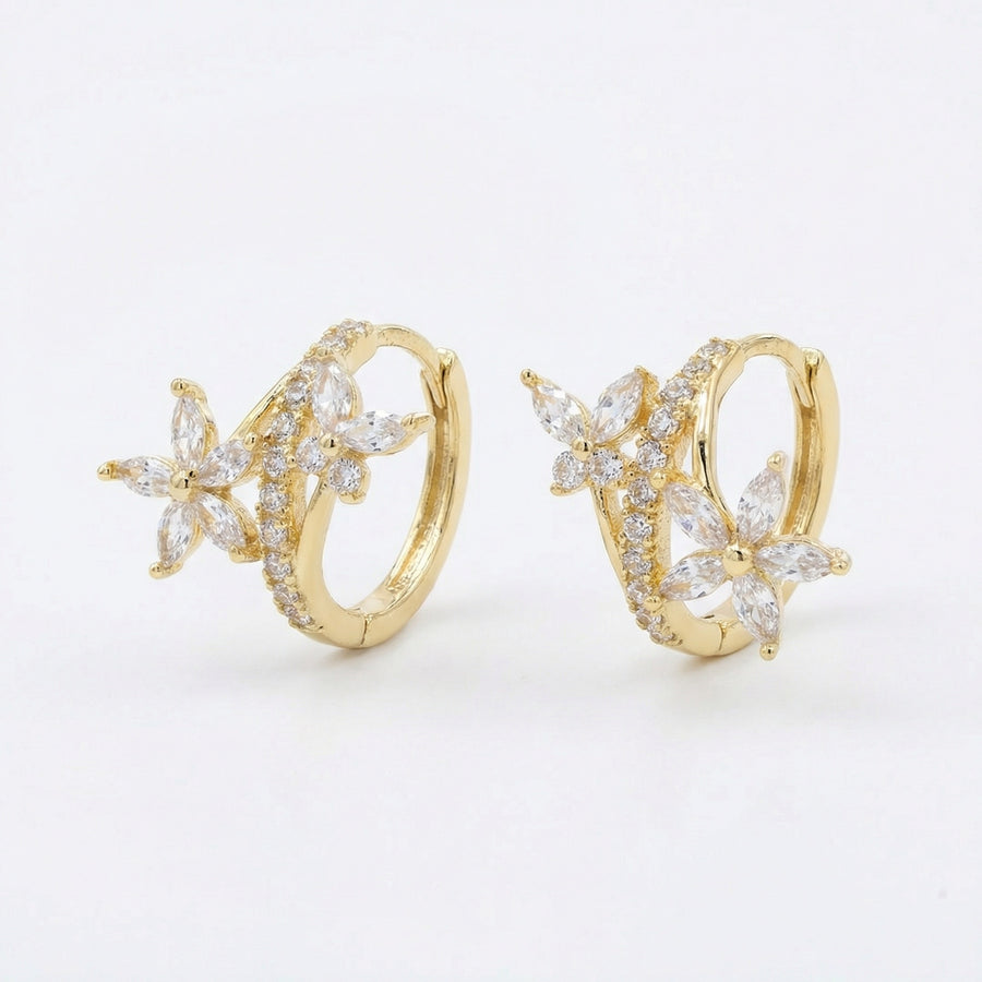 Floral Marquise Huggie Hoop Earrings – sterling silver earrings, front view