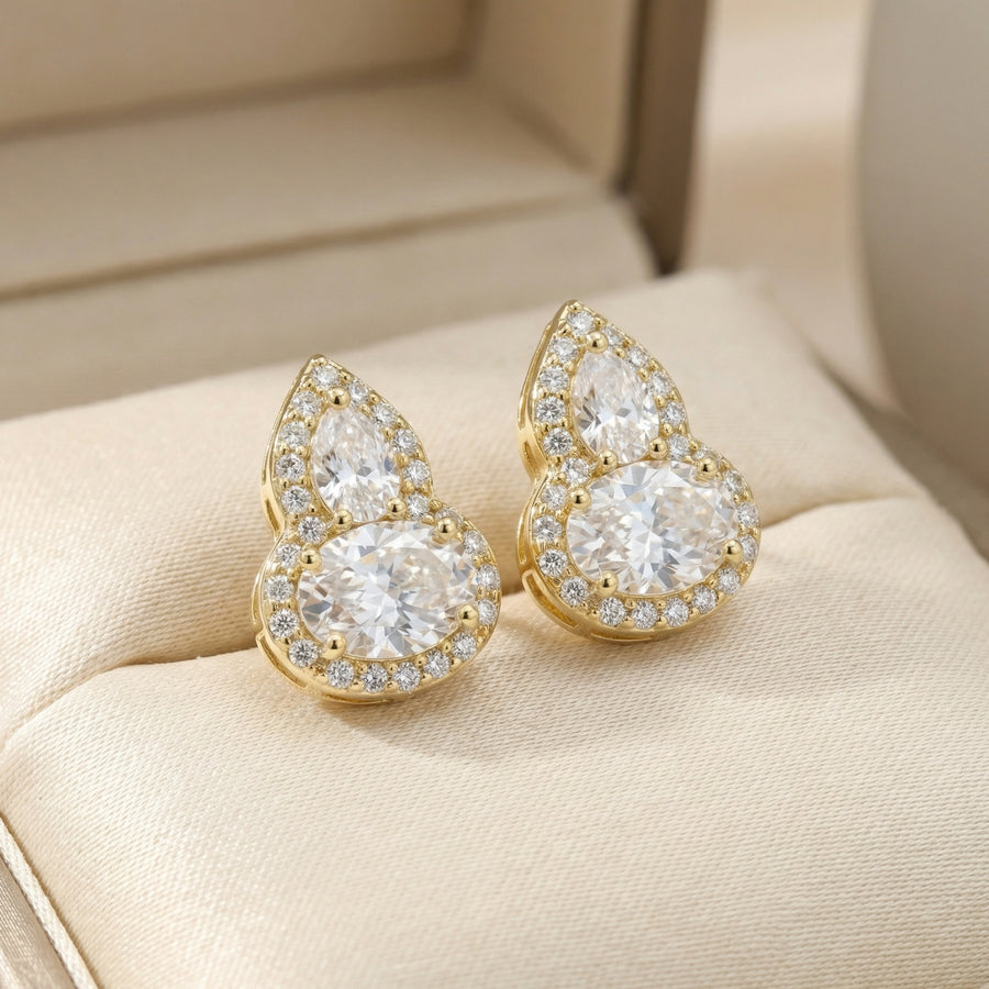 Pear and Oval Moissanite Halo Studs – moissanite earrings, front view