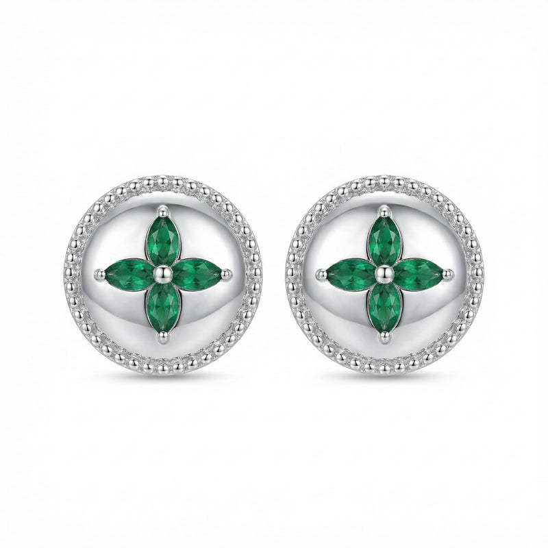 Green Marquise Flower Stud Earrings – sterling silver earrings, front view