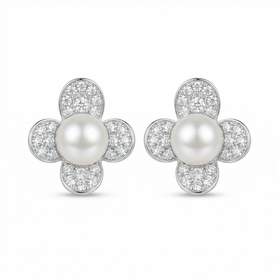 Four-Petal Flower Pearl Studs – pearl earrings