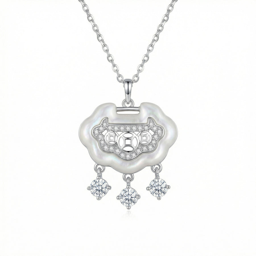 Ruyi Longevity Lock Pendant Necklace – mother-of-pearl necklace, front view