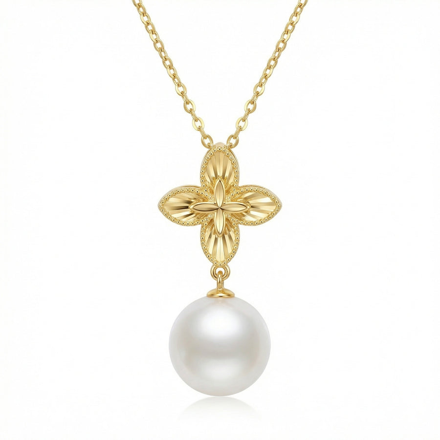Floral Motif Pearl Drop Necklace – pearl necklace, front view