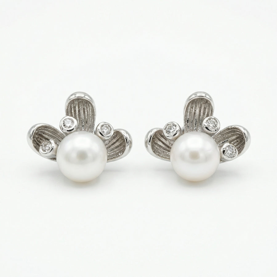 Pearl Studs with Textured Petals – pearl earrings, front view