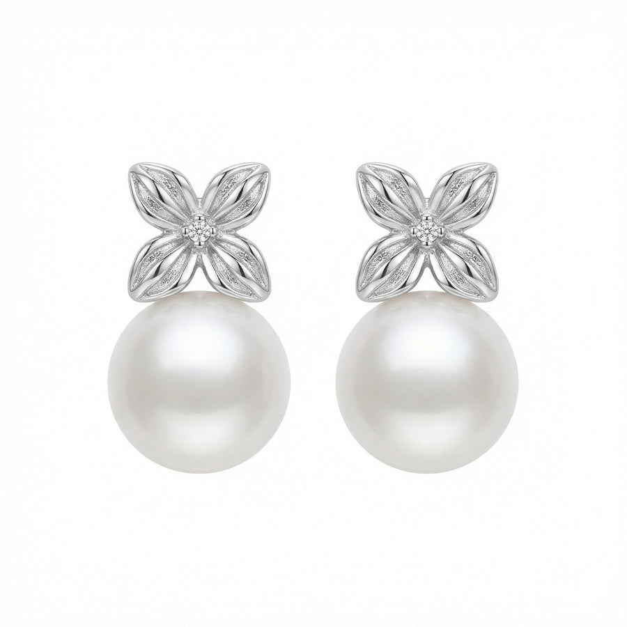 Pearl Floral Stud Drop Earrings – pearl earrings, front view