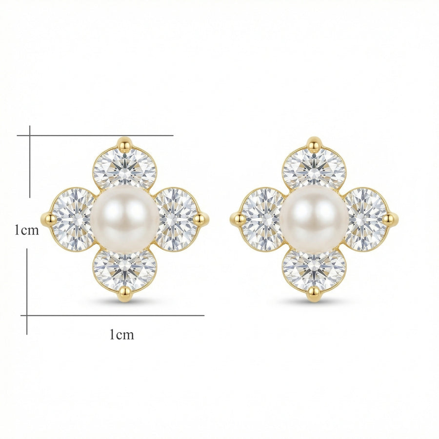 Pearl Floral Clover Stud Earrings – pearl earrings, front view