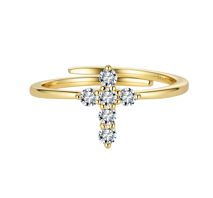 Gold Cross Ring with CZ Accents – zircon ring, front view