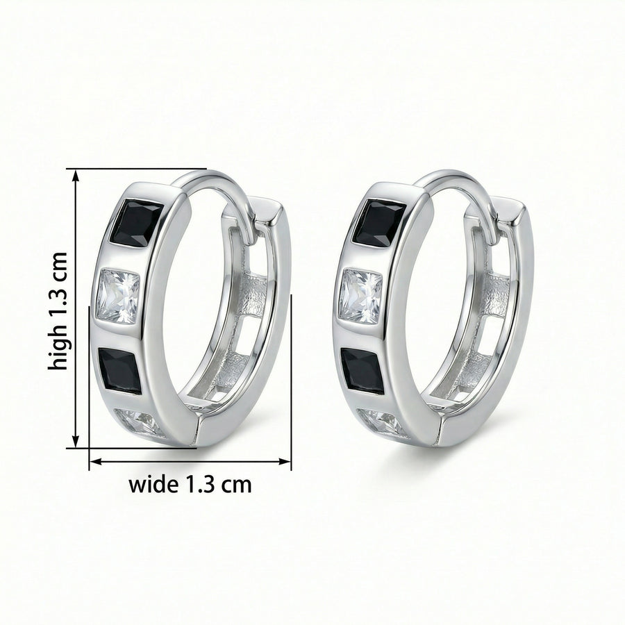 Black and Clear Square CZ Huggie Hoops – zircon earrings, front view