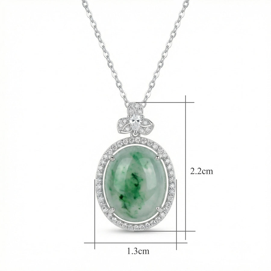 Oval Jadeite Pendant with Floral Bail – jade necklace, front view