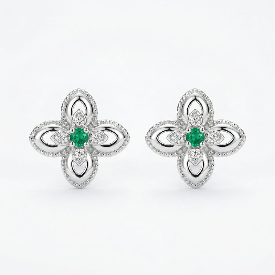 Emerald Floral Studs, Milgrain Detail – emerald earrings