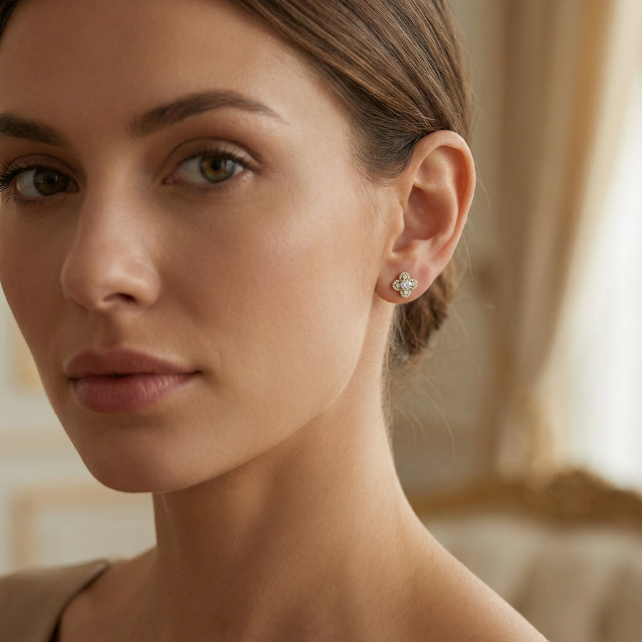Quatrefoil Diamond Halo Stud Earrings – sterling silver earrings, front view