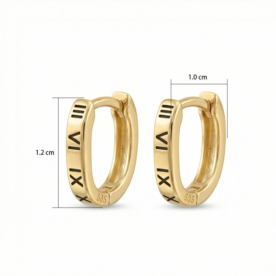 Roman Numeral Oval Huggie Hoops – sterling silver earrings, front view