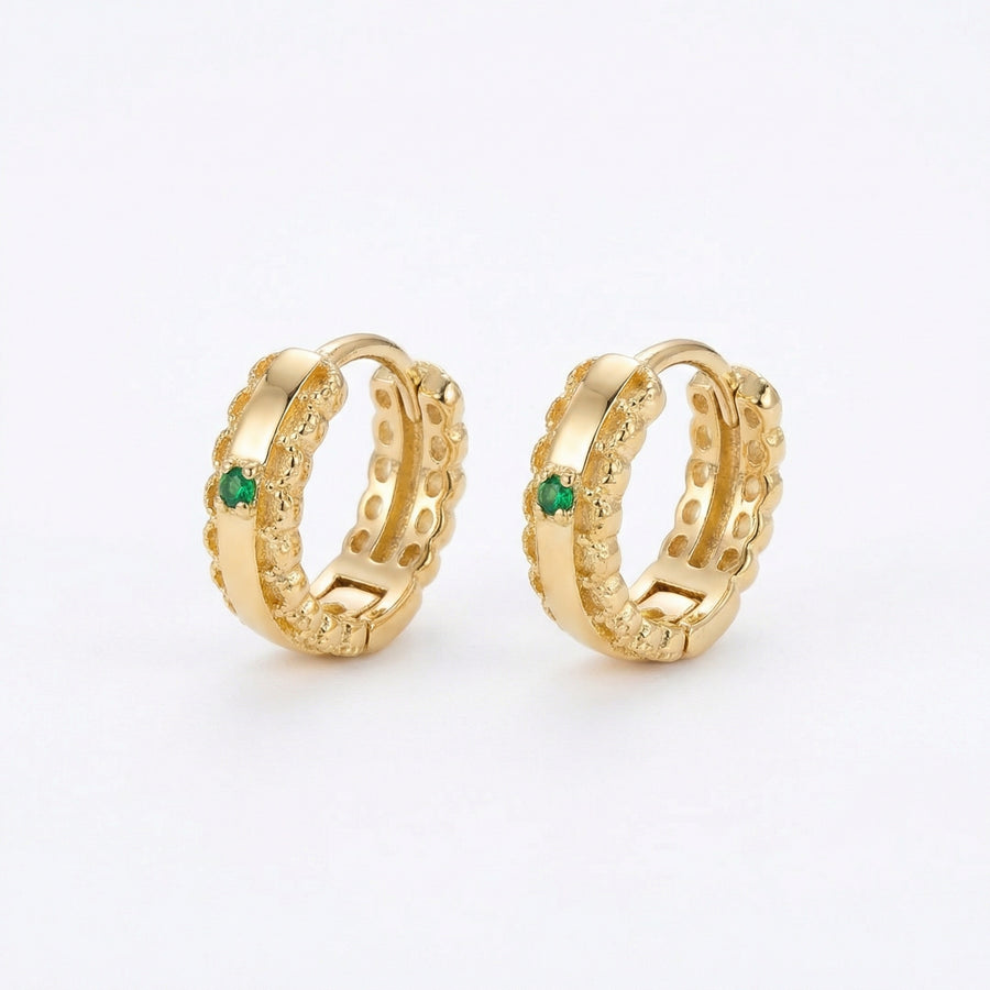 Textured Hoops with Green Gemstones – sterling silver earrings, front view