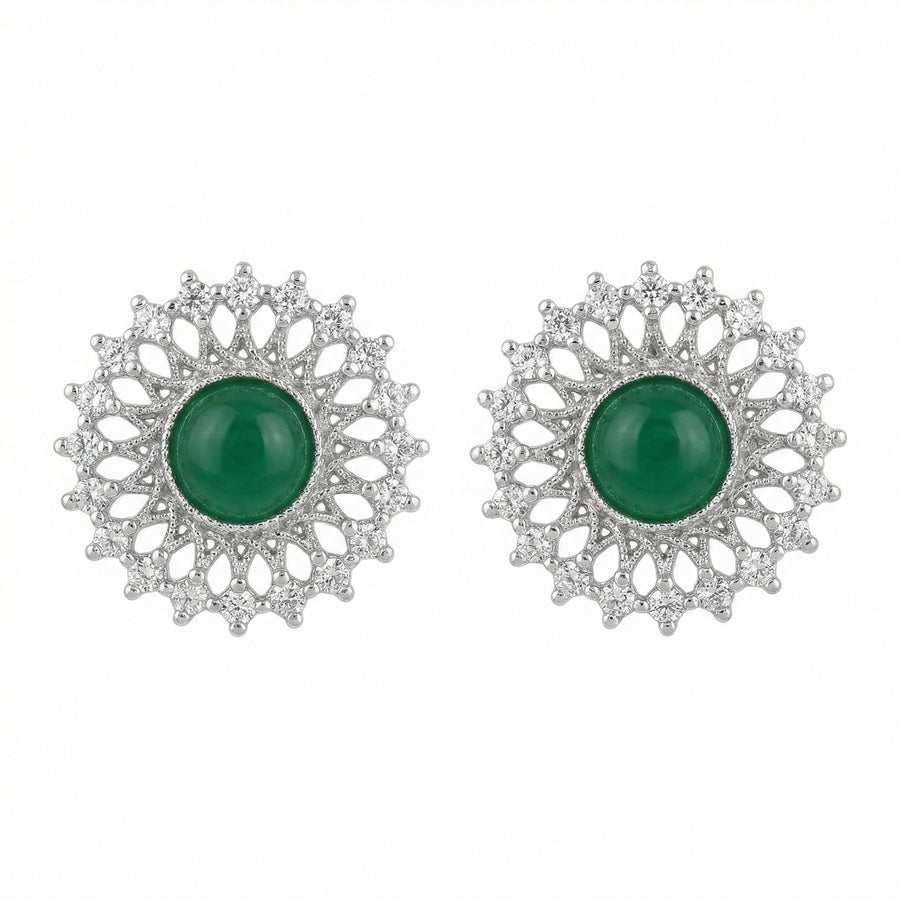 Floral Green Gemstone Stud Earrings – sterling silver earrings, front view