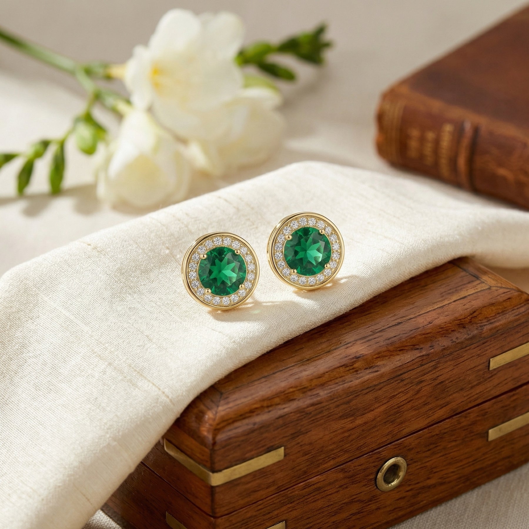 Round Emerald Halo Stud Earrings – emerald earrings