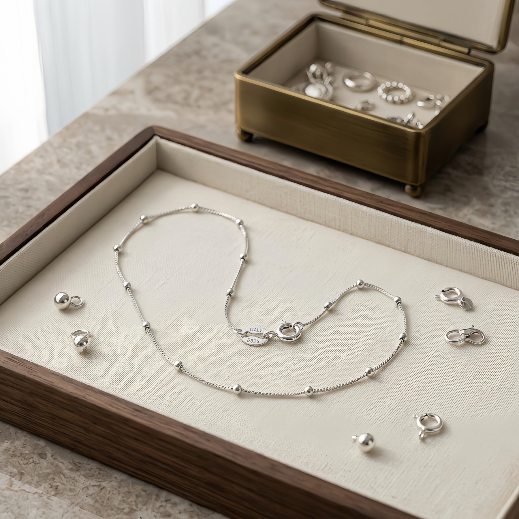 White Gold Bead-Accented Chain Necklace – sterling silver necklace, side detail