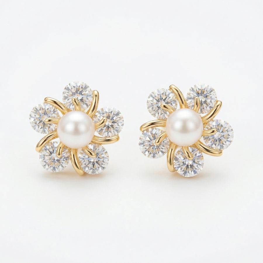 Floral Pearl Stud Earrings, Spring – pearl earrings, front view