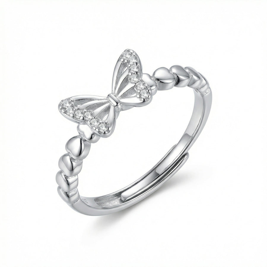 Butterfly Ring with Heart-Link Band – sterling silver ring, front view