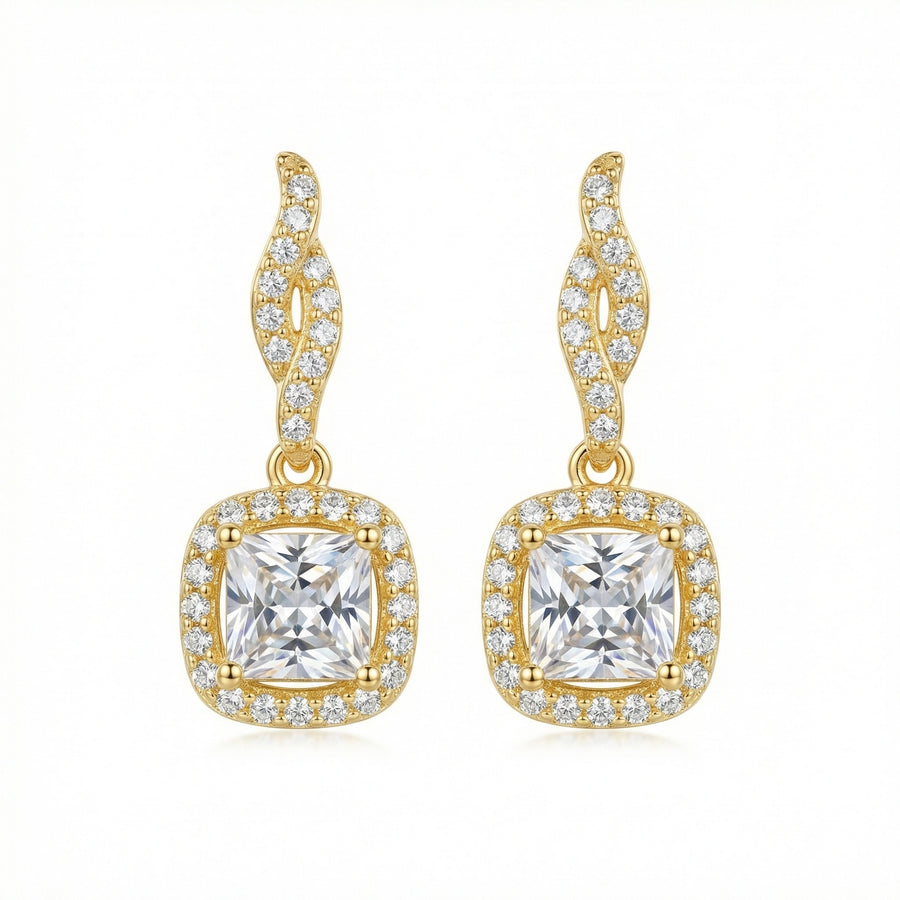 Princess-Cut Halo Drop Earrings – sterling silver earrings, front view
