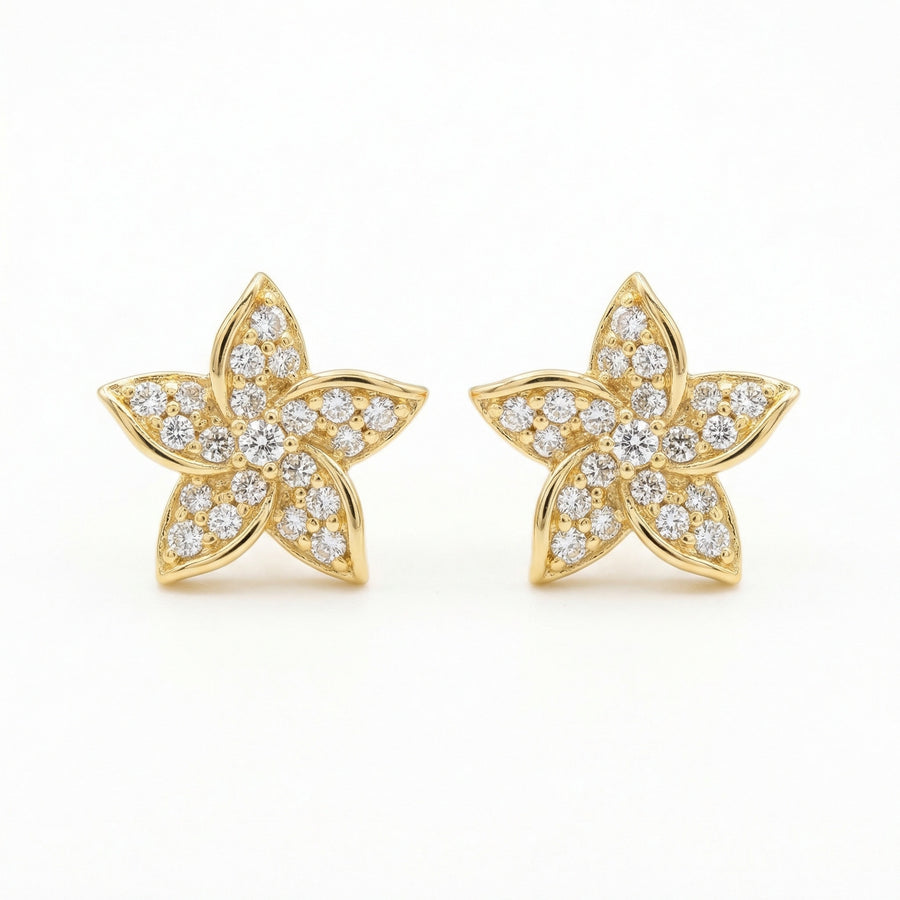 Five-Petal Floral Diamond Studs – sterling silver earrings, front view