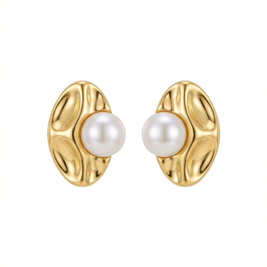 Pearl and Textured Oval Statement Earrings – pearl earrings, front view