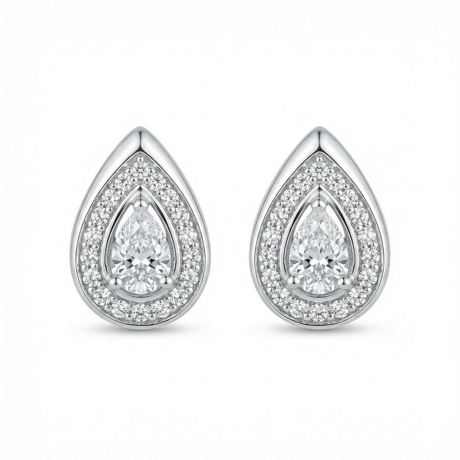 Pear-Cut Halo Teardrop Studs – sterling silver earrings, front view