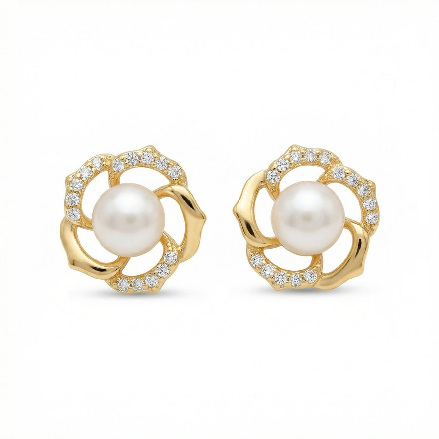 Floral Pearl Diamond Accent Studs – pearl earrings