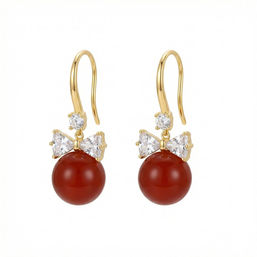 Red Bead Bowknot Drop Earrings – sterling silver earrings, front view