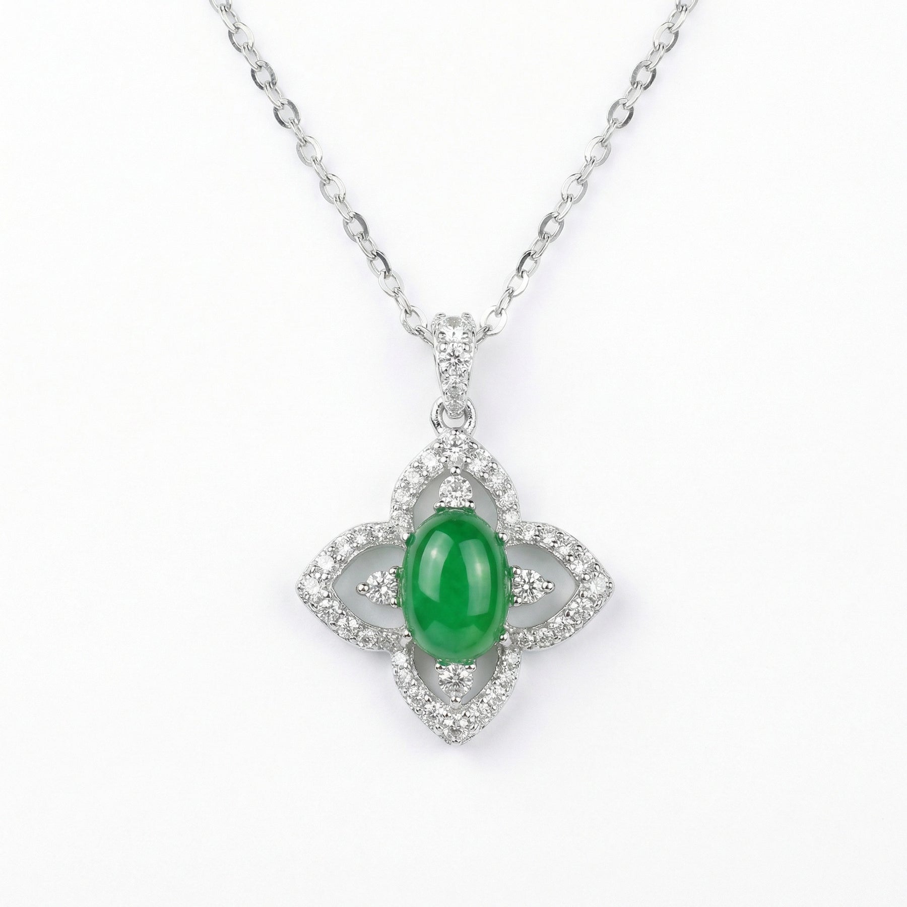 Emerald-Green Jade Flower Necklace – jade necklace, front view