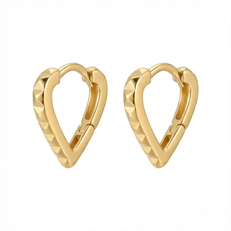 Pyramid Studded Heart Huggie Hoops – sterling silver earrings, front view