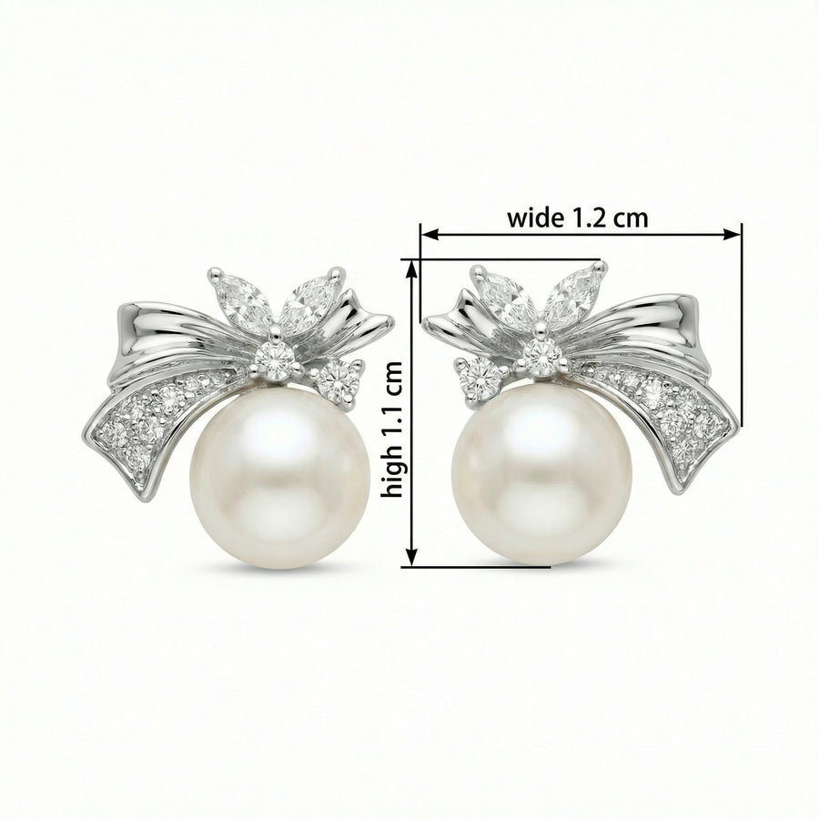 White Pearl Bow Stud Earrings – pearl earrings, front view