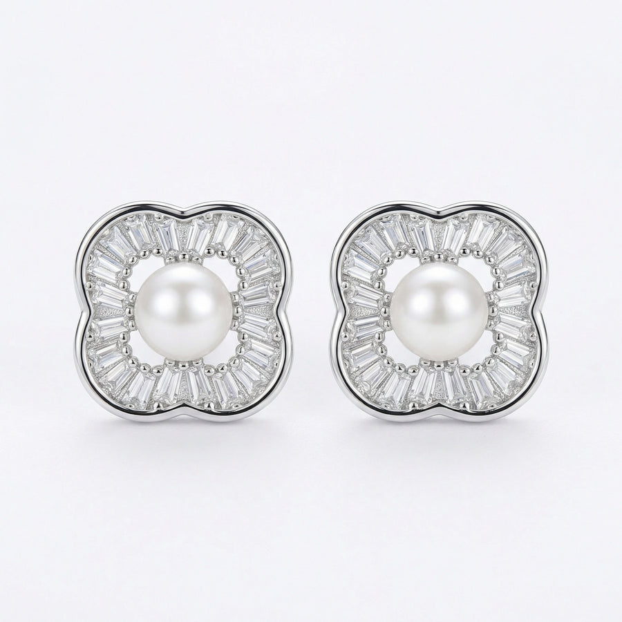Pearl Baguette Four-Leaf Clover Studs – pearl earrings, front view