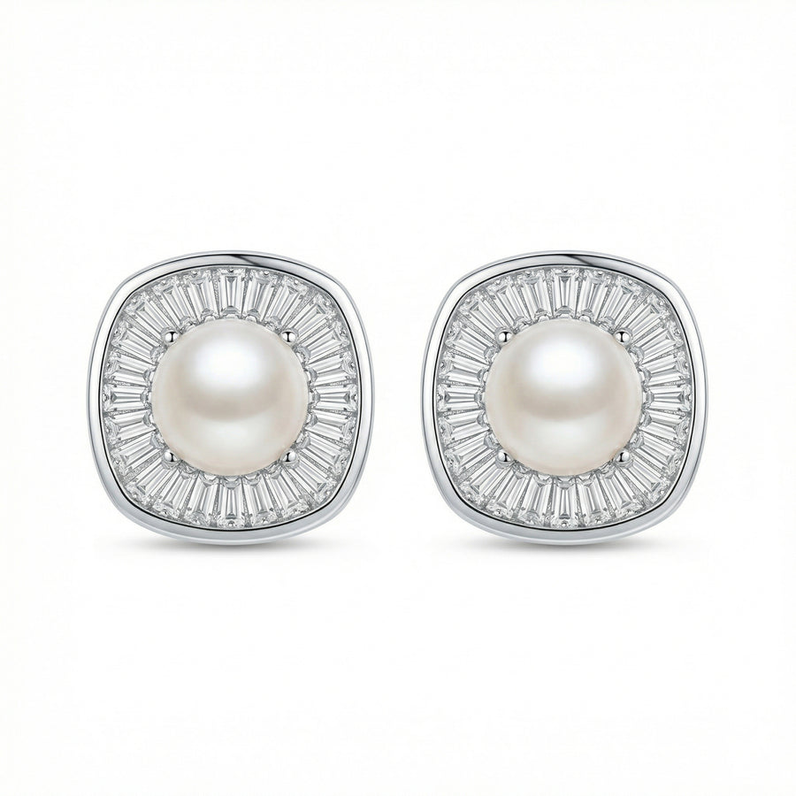 Pearl Cushion Halo Stud Earrings – pearl earrings, front view