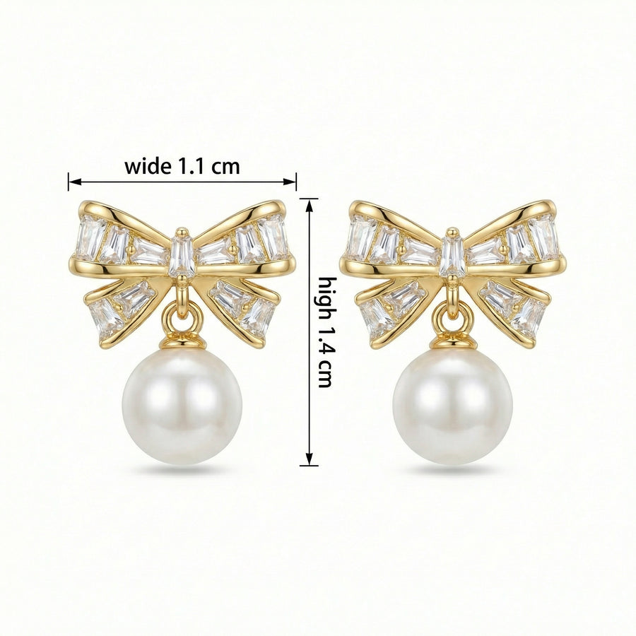Crystal Bow and Pearl Dangle Earrings – pearl earrings, front view