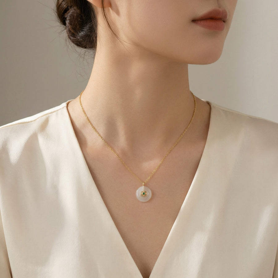 White Jade Circle Necklace, Emerald Accent – jade necklace, front view