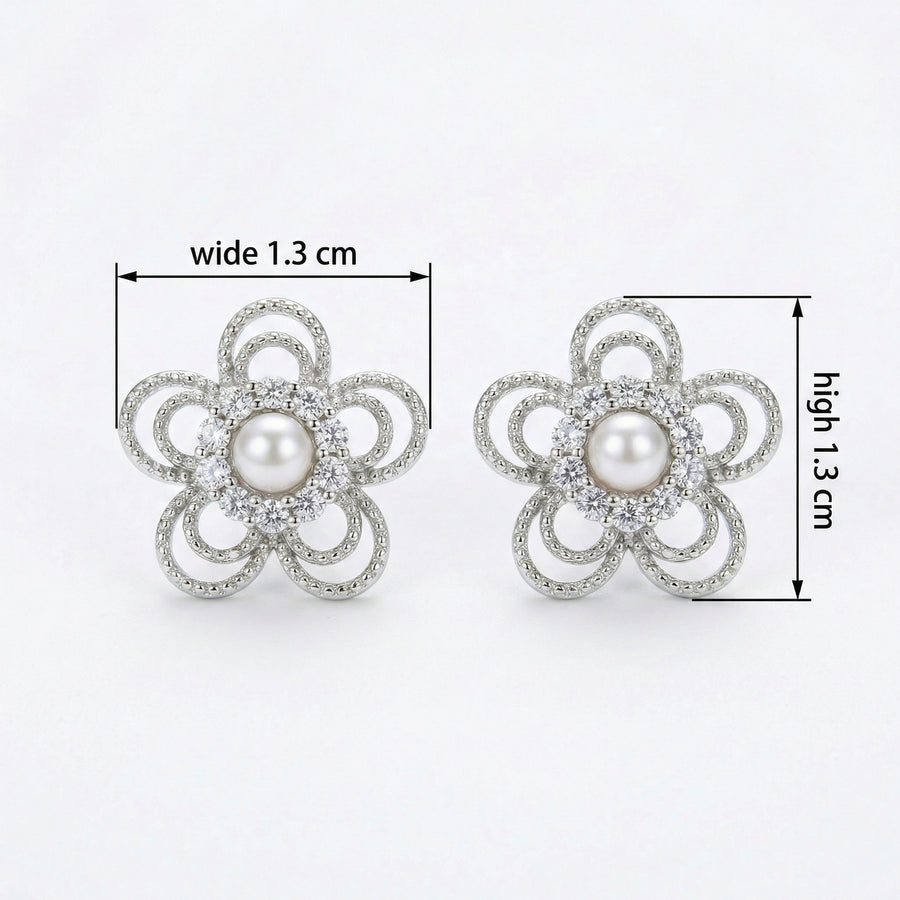 Open-Work Flower Pearl Stud Earrings – pearl earrings, front view