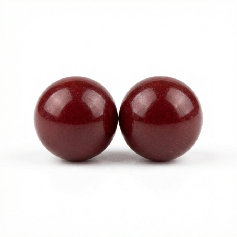 Polished Dark Red Sphere Bead Pair – sterling silver bracelet, front view