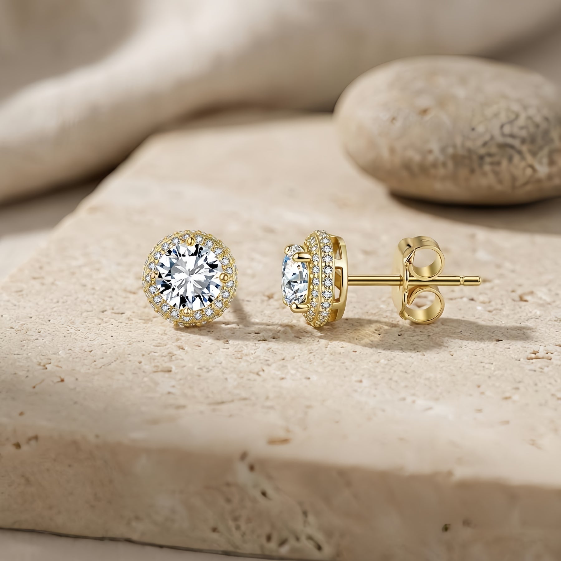 Gold Halo Stud Earrings, Butterfly Backs – sterling silver earrings, close-up
