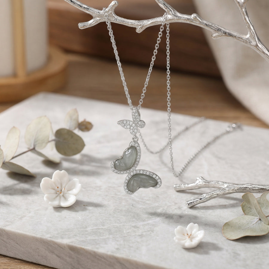 Butterfly Jade Diamond Necklace – jade necklace, front view