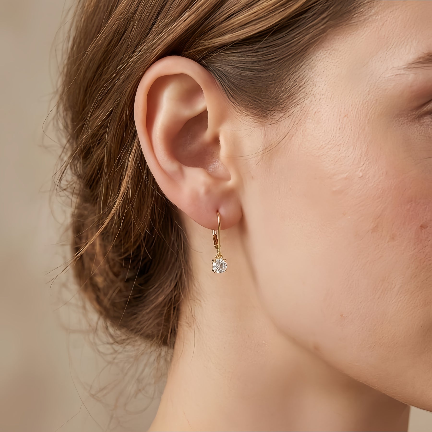 Gold CZ Drop Earrings, Lever-Back – zircon earrings, side detail