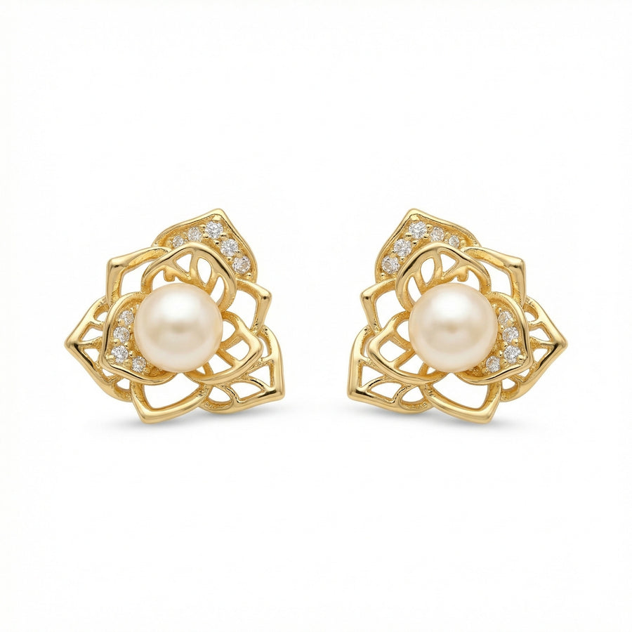 Floral Pearl Openwork Stud Earrings – pearl earrings, front view