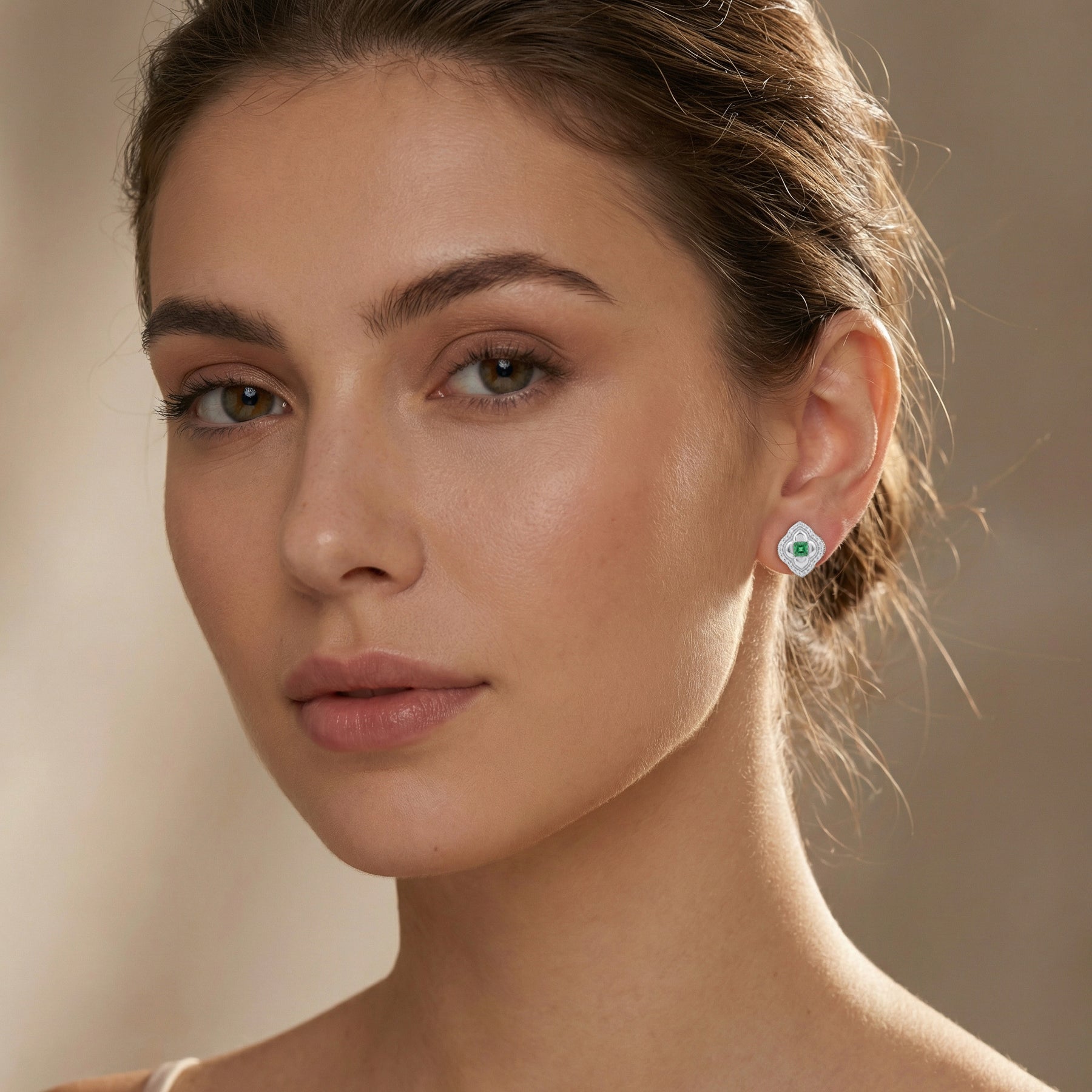 Emerald Quatrefoil Halo Stud Earrings – emerald earrings, front view