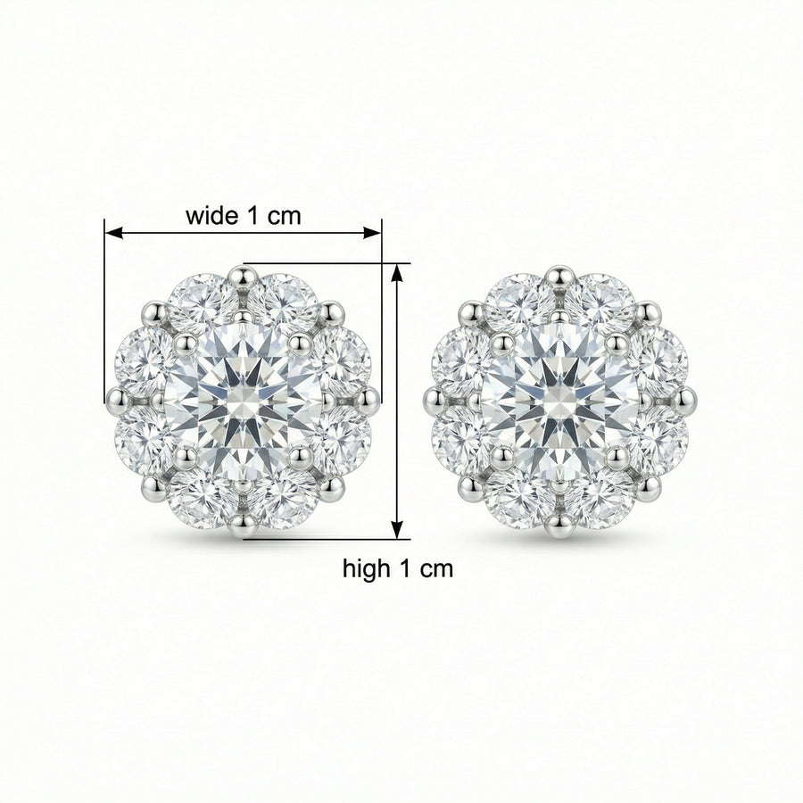 Round Brilliant Halo Stud Earrings – sterling silver earrings, front view