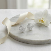 Quatrefoil Diamond Cluster Studs – sterling silver earrings, close-up
