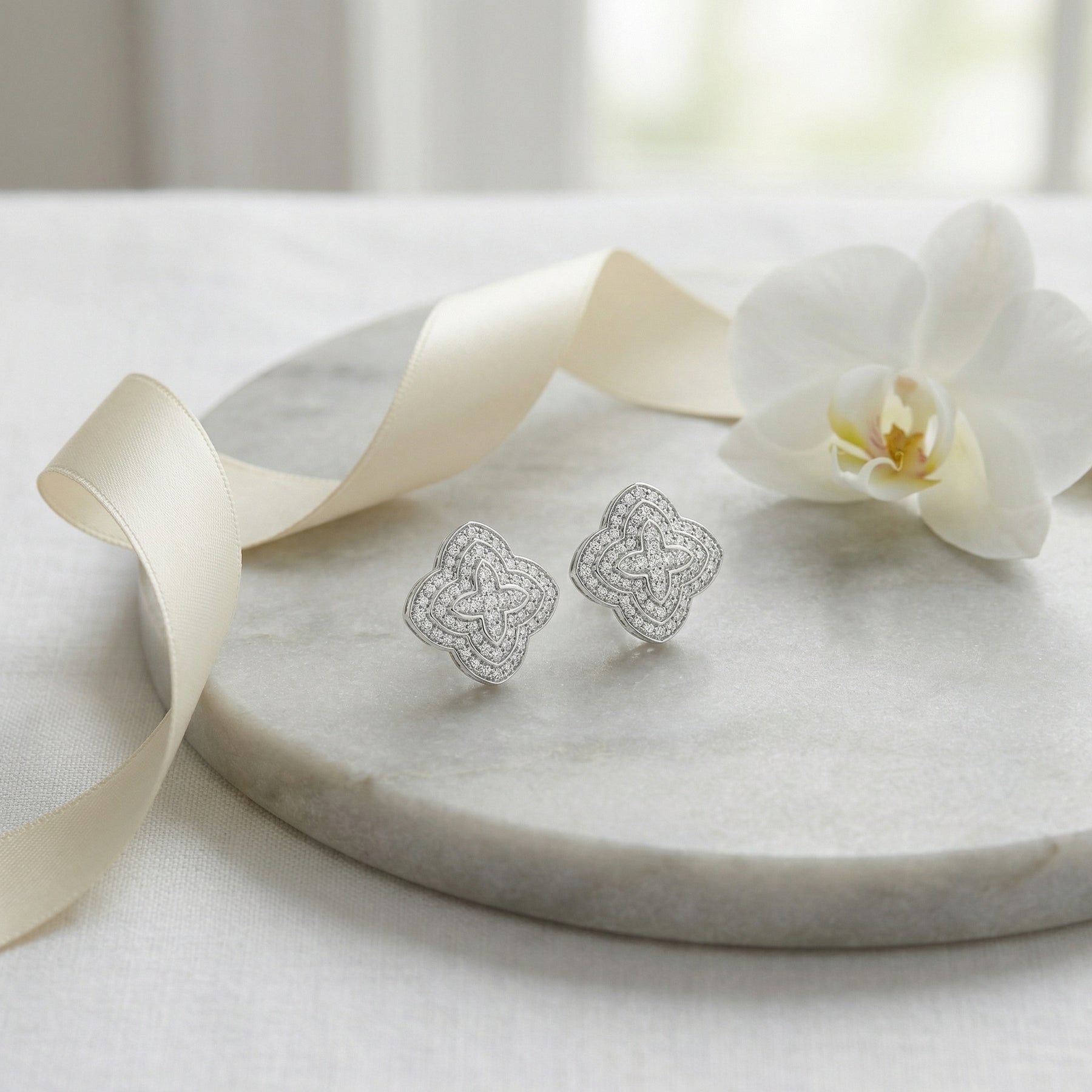 Quatrefoil Diamond Cluster Studs – sterling silver earrings, close-up