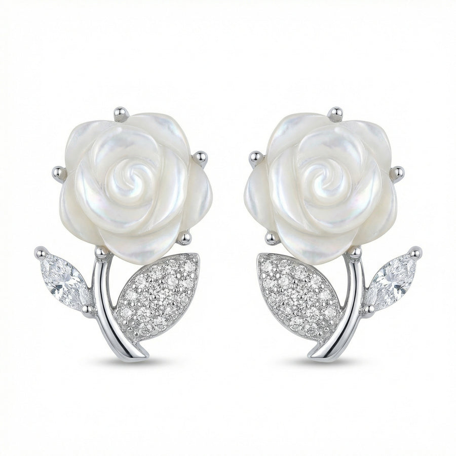 Mother-of-Pearl Rose Leaf Earrings – mother-of-pearl earrings, front view